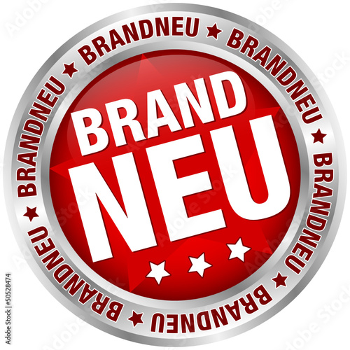 Button "Brandneu" rot/silber