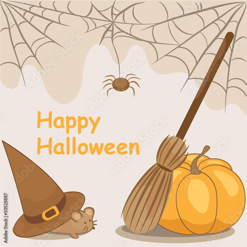 Card a Halloween 2 - mice, pumpkin, sweeper and  web (vector)