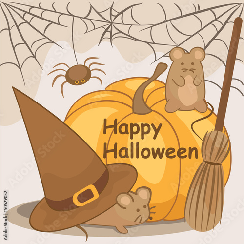 Card a Halloween 3 - mice, pumpkin, sweeper and  web (vector)