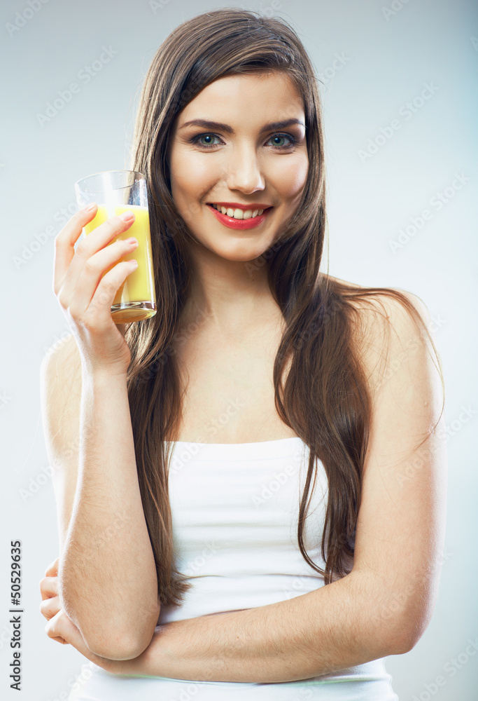 Female model hold orange juice glass isolated . Female model hold orange juice glass isolated .