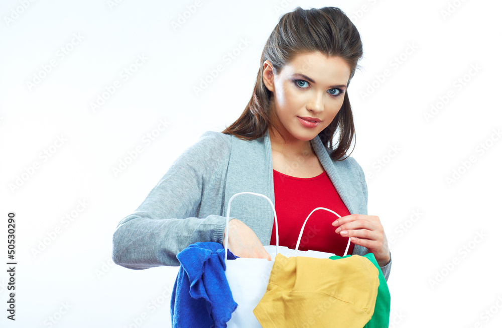 Woman hold shopping bags isolated on white background. Woman hold shopping bags isolated on white background.