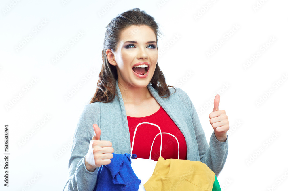 Woman hold shopping bags isolated on white background. Woman hold shopping bags isolated on white background.