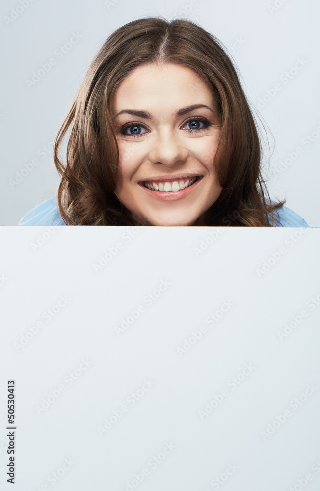 Business woman, blank board isolated portrait . Business woman, blank board isolated portrait .