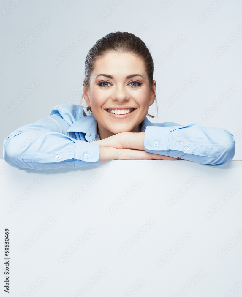 Business woman, blank board isolated portrait . Business woman, blank board isolated portrait .