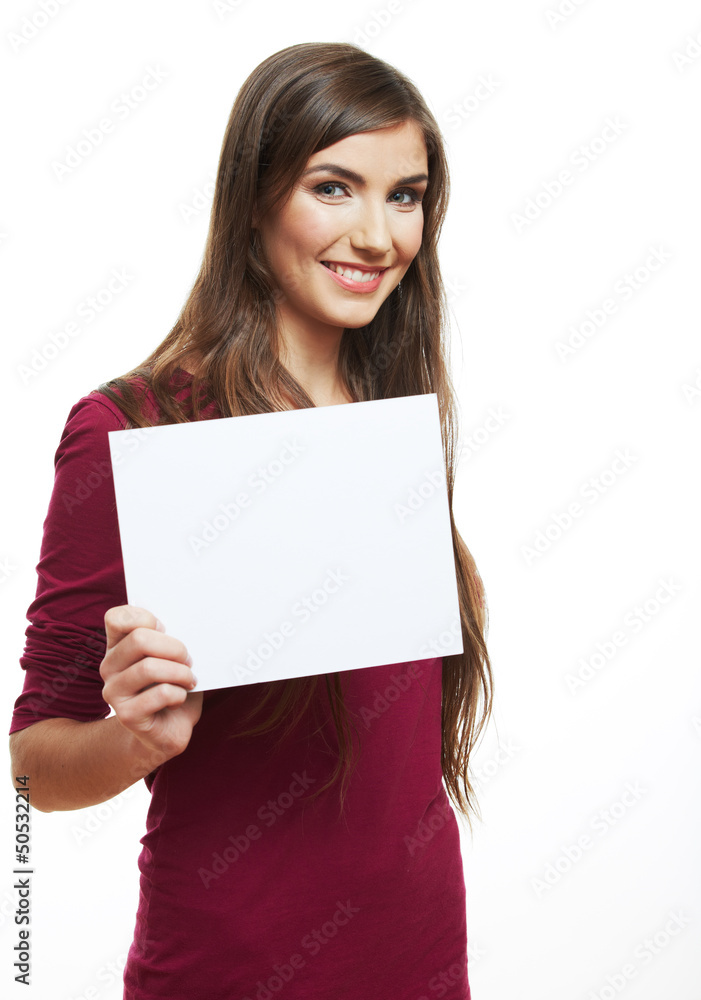 Teenager girl hold white blank paper. Teenager girl hold white blank paper.