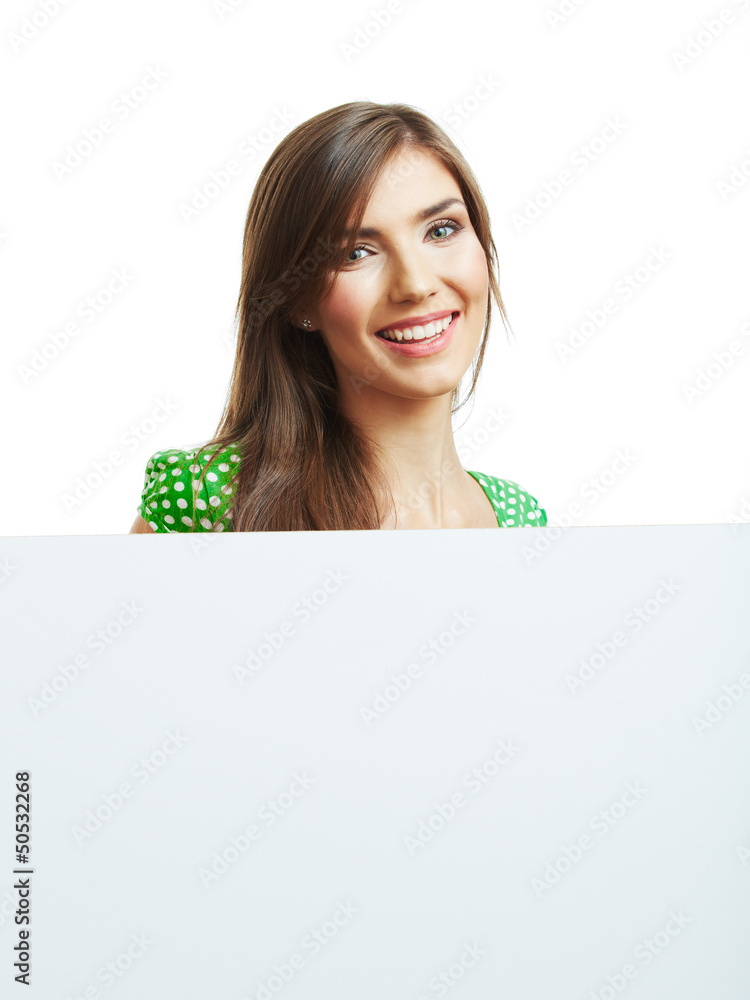 Smiling woman with big blank board Smiling woman with big blank board
