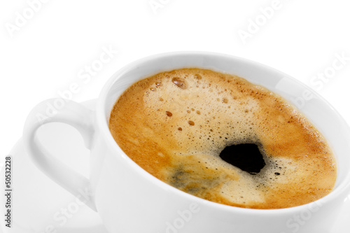 A cup of delicious espresso coffee on a white background