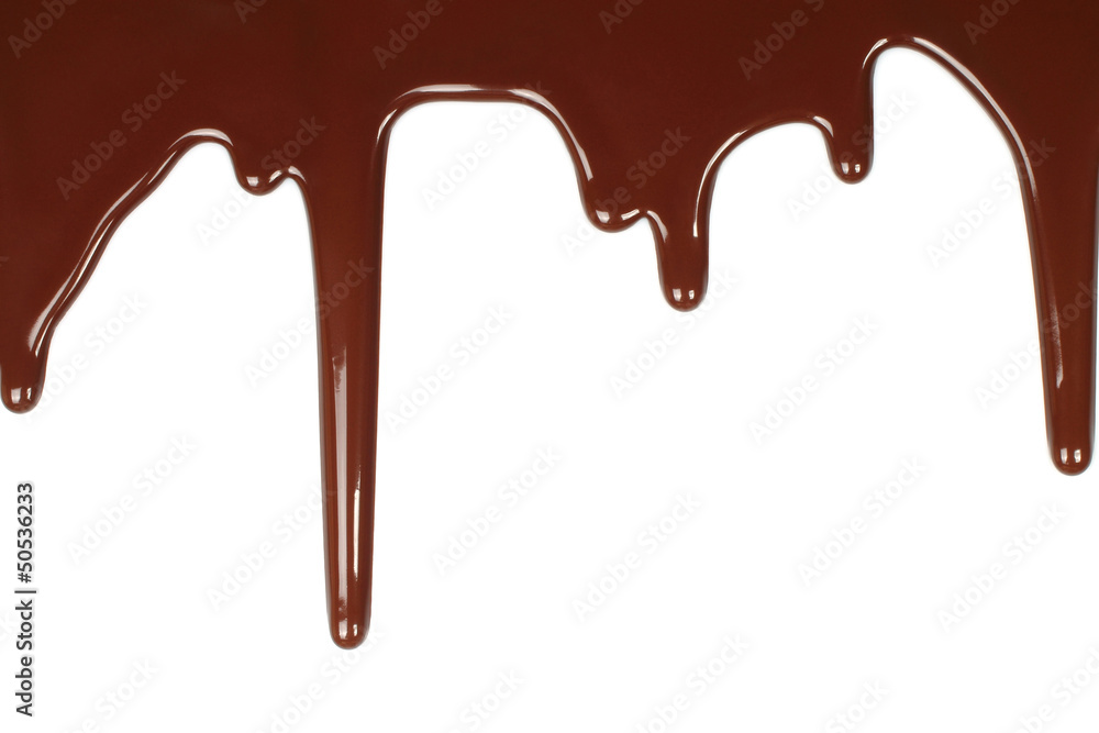 Melted chocolate dripping on white background . Melted chocolate dripping on white background .