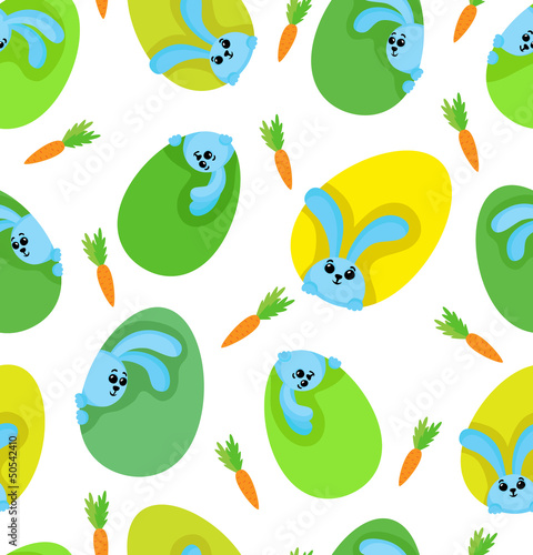 Green-yellow eggs with funny rabbits and carrots © uiliaaa