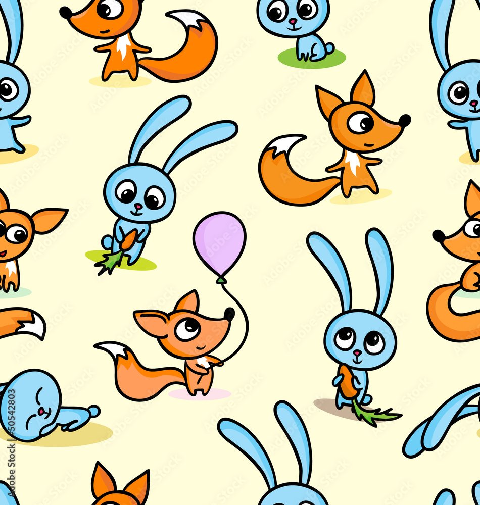 Fototapeta premium Happy foxes and bunnies on seamless pattern background