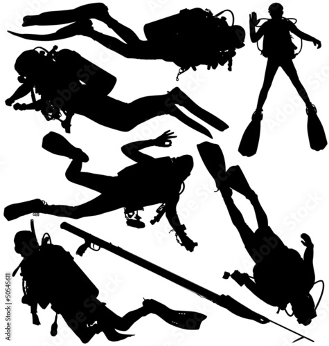 Scuba diver and speargun vector silhouettes isolated on white background. Layered, editable