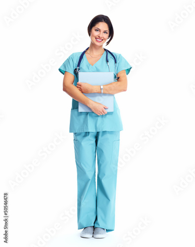 Smiling medical doctor woman with stethoscope.