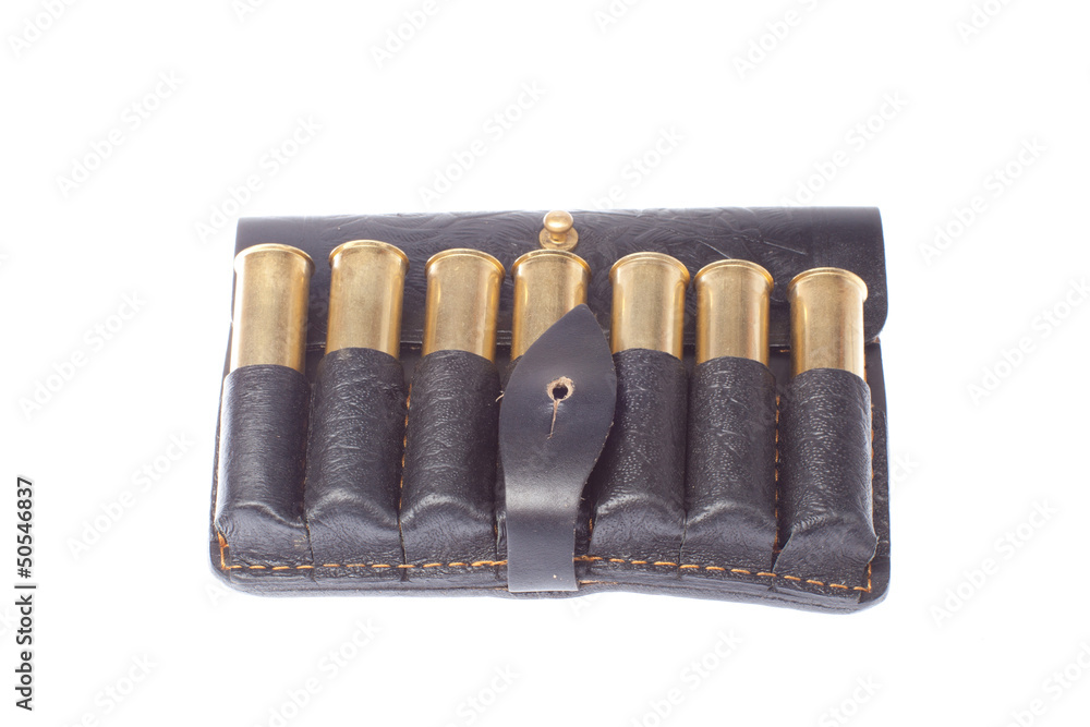 hunting cartridges in black leather potrantashe on a white backg hunting cartridges in black leather potrantashe on a white backg
