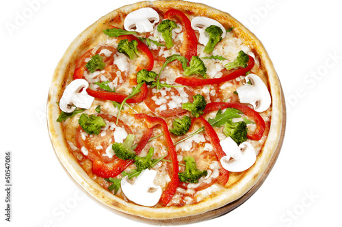 Vegetarian pizza with mushrooms, pepper, tomatoes, broccoli.