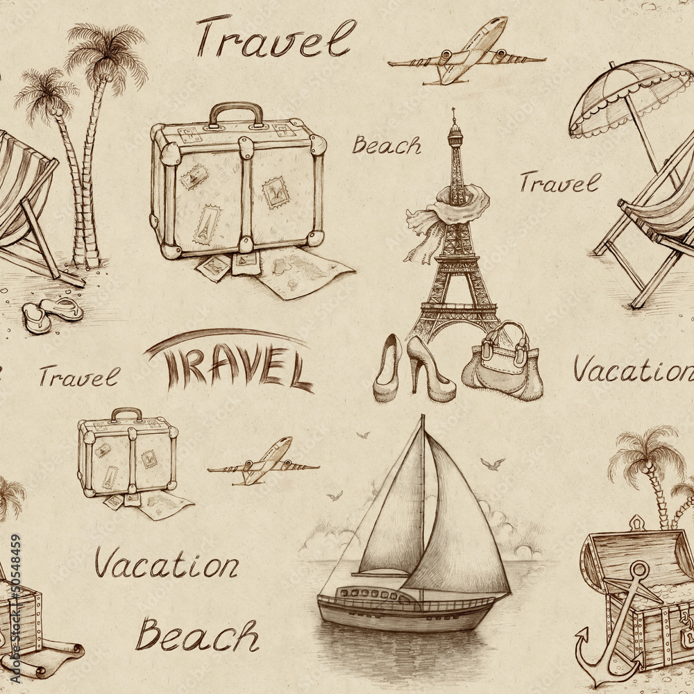 Fotobehang Geïllustreerd Parijs Naadloos patroon met reisillustraties #50548459