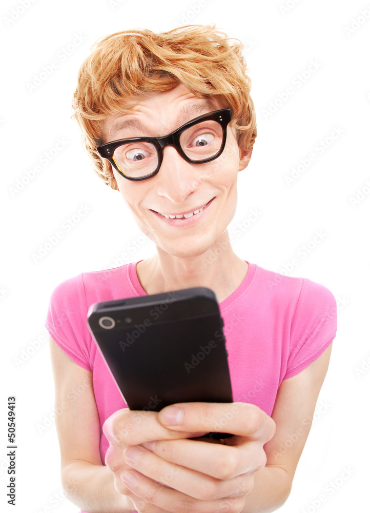 Funny guy using smart phone Funny guy using smart phone