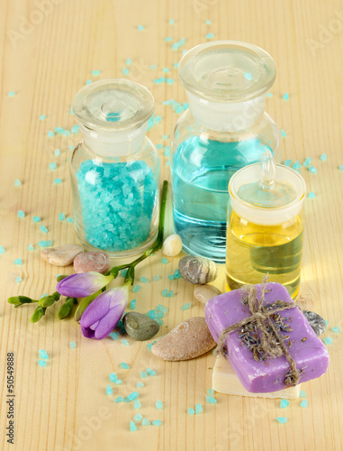 Beautiful spa setting on wooden table close-up