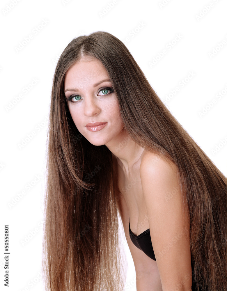Naklejka premium Young woman with long brown hair and green eyes, beauty and hair care concept, natural hair health and wellness