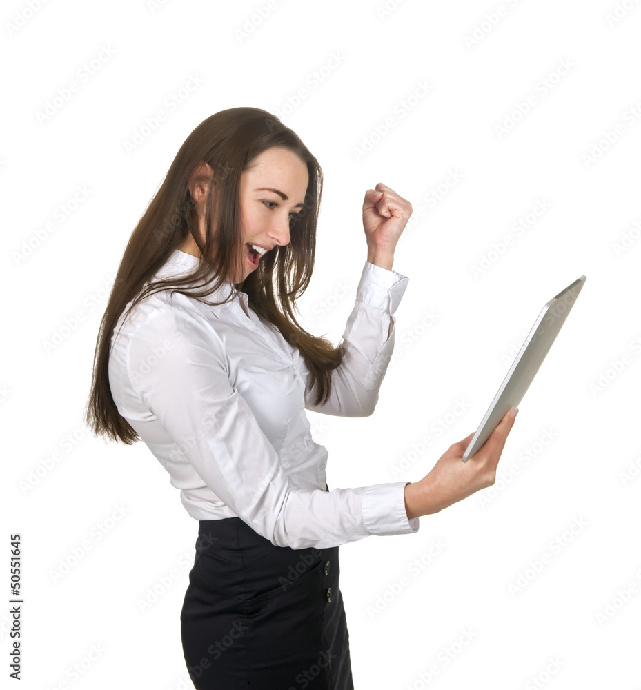 Geschäftsfrau mit tablet pc jubelt Geschäftsfrau mit tablet pc jubelt