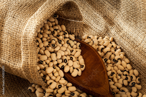 Black eyed peas in jute bag spilled on jute background