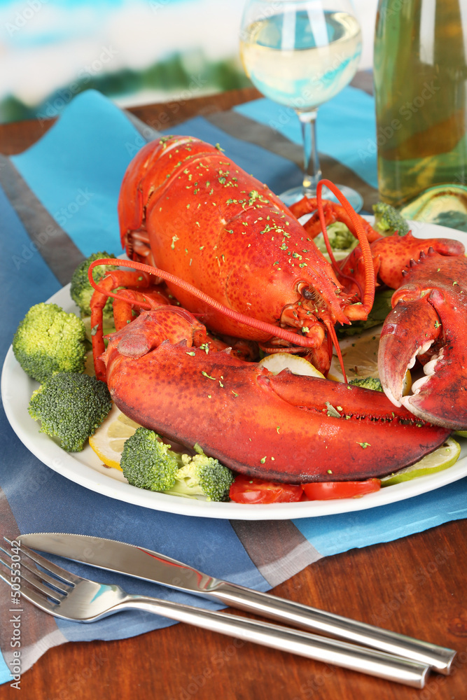 Red lobster on platter on serving table close-up Red lobster on platter on serving table close-up