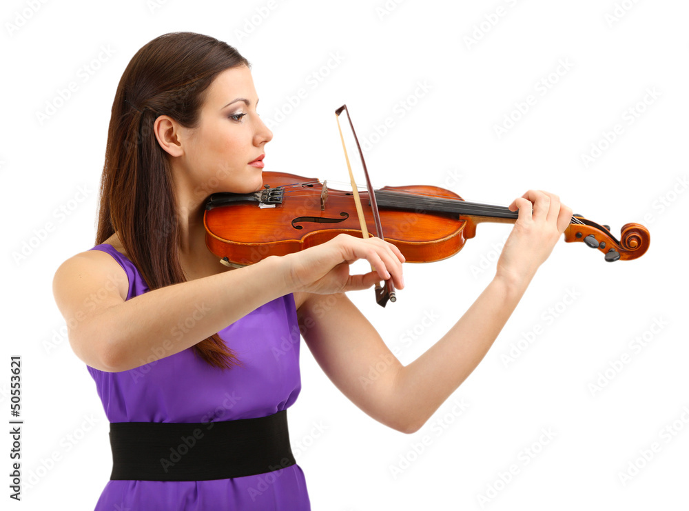 Beautiful young girl with violin, isolated on white Beautiful young girl with violin, isolated on white