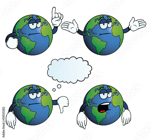 Fotografi Collection of bored Earth globes with various gestures.