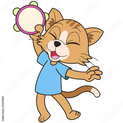 Cartoon Cat Playing a Tambourine