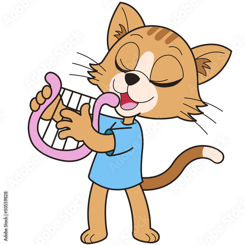 Cartoon Cat Playing a Harp