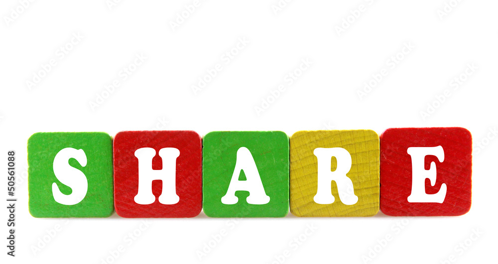 share - isolated text in wooden building blocks