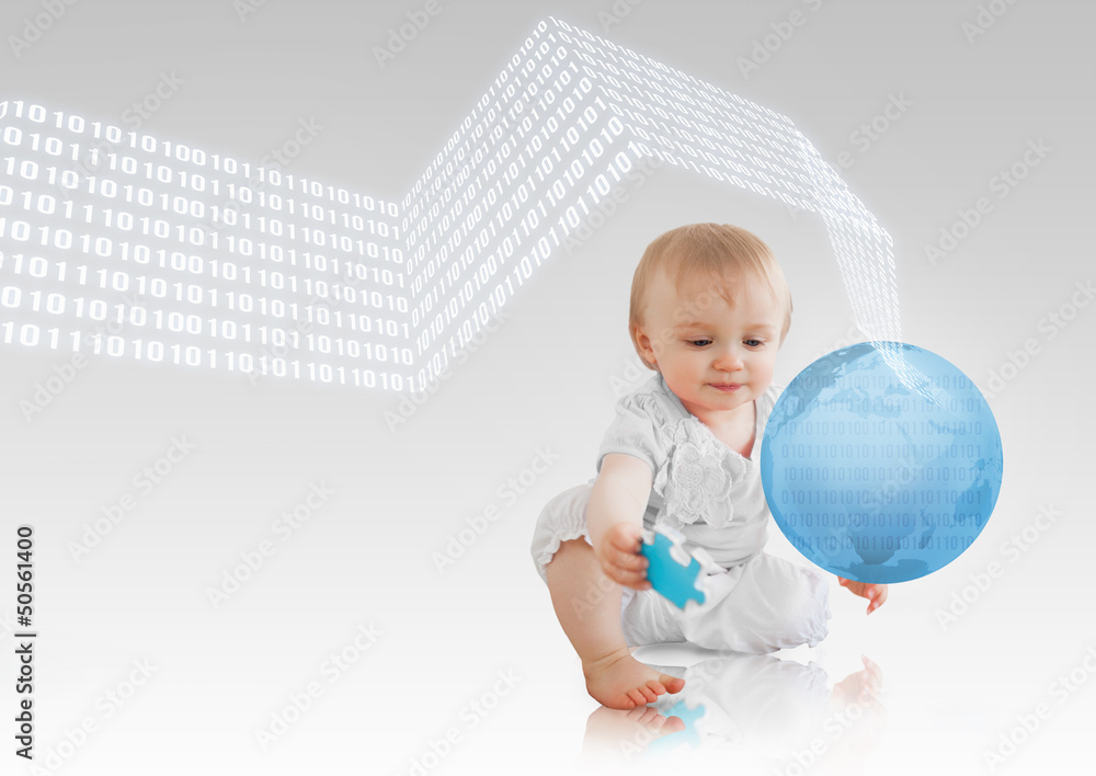 Binary codes floating around a baby with a blue planet Binary codes floating around a baby with a blue planet