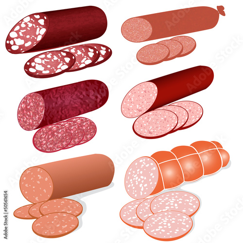 set of different varieties of sausage on a white background