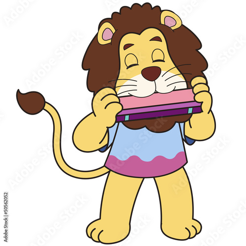 Cartoon Lion Playing a Harmonica