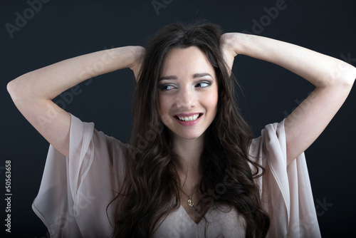 Young woman with different facial expressions. Body language. Su