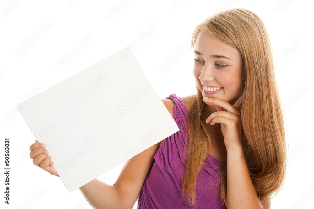Woman with blank board banner Woman with blank board banner