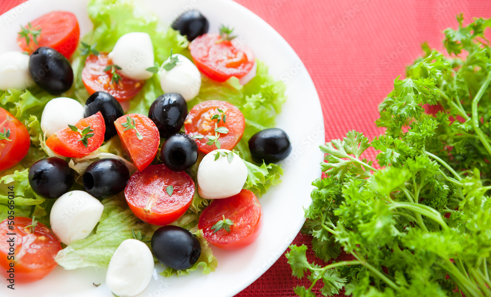 Caprese salad and parsley on red background Caprese salad and parsley on red background