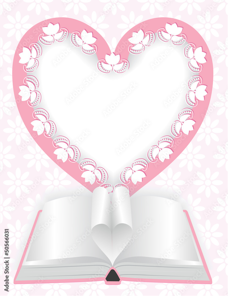 Festive background with frame in shape of heart and an open book Festive background with frame in shape of heart and an open book
