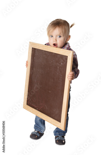 little Girl holding a board over white background photo