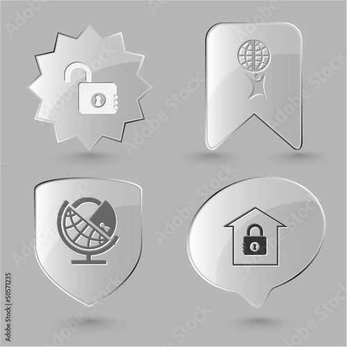 Business icon set. Little man with globe, globe and lock, bank,