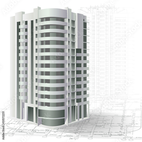 Architectural background with a 3D building model