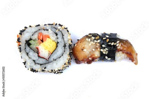 Maki sushi roll with sesame border and Anago sushi