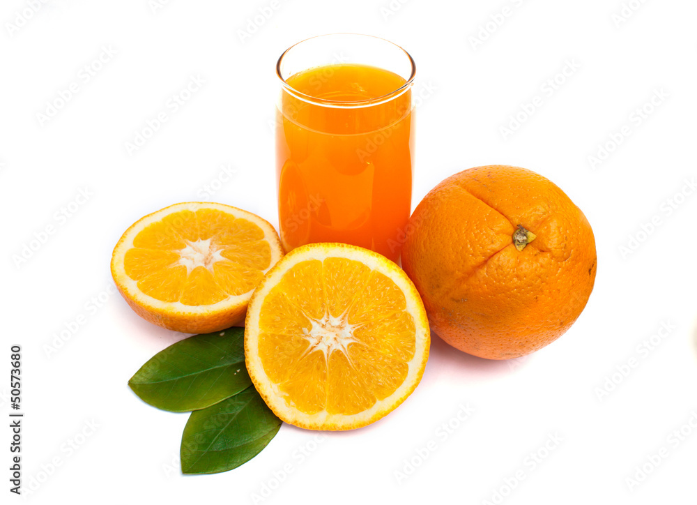 orange juice and orange fruits with green leaves on white backgr orange juice and orange fruits with green leaves on white backgr