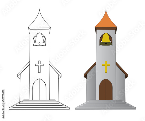 color in and line drawing church with bell vector