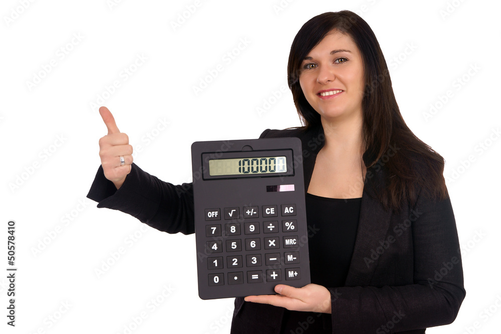 Woman with a calculator and thumbs up Woman with a calculator and thumbs up