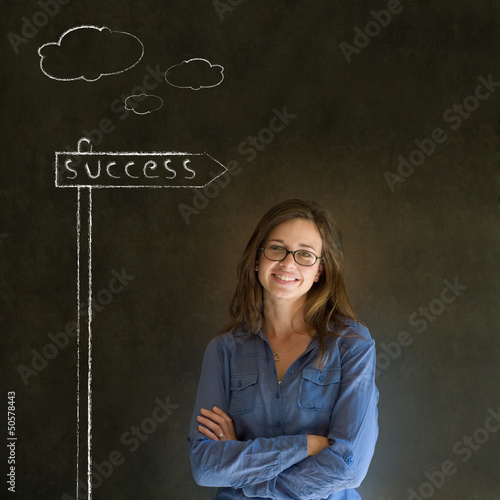 Business woman and chalk success street sign