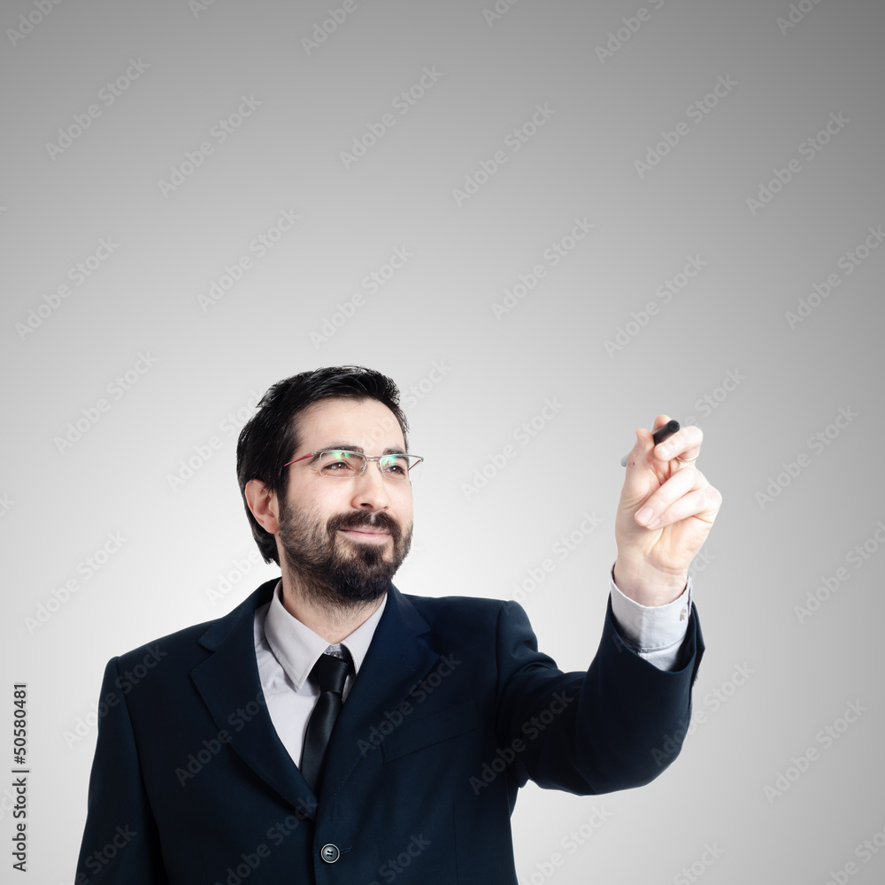 business man writing on imaginary screen business man writing on imaginary screen
