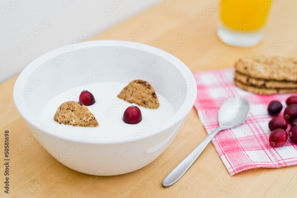 Breakfast containing yogurt, cereal biscuits and cranberries Breakfast containing yogurt, cereal biscuits and cranberries