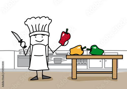 Personnage qui coupe des poivrons