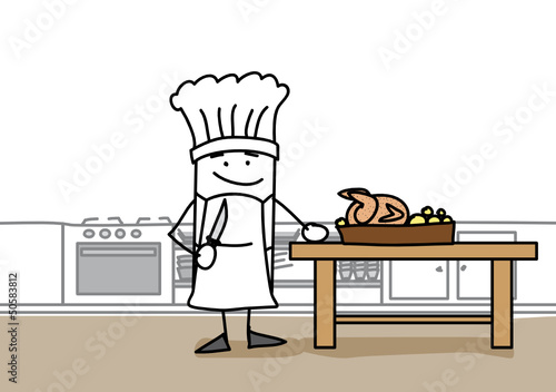Personnage qui prépare un poulet aux pommes de terre