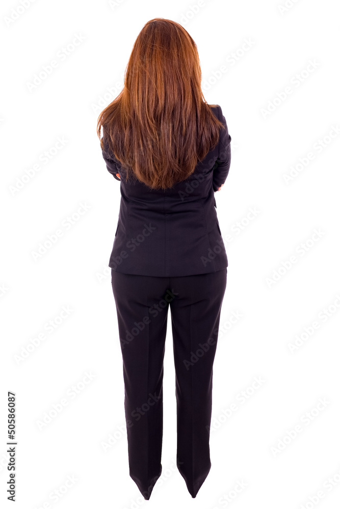 Naklejka premium Young business woman from back, isolated on white